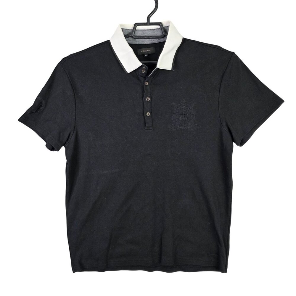 Mens River Island Black & White-Collar Polo Shirt Short Sleeve 100% Cotton XL